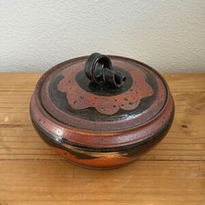 Studio Pottery Lidded Bowl, Hand Thrown Rust Copper Black Glaze, Ceramic Vessel